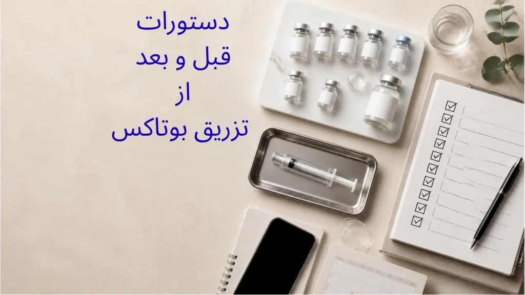 عکس وسایل تزریق بوتاکس با نوشته: دستورات قبل و بعد از تزریق بوتاکس