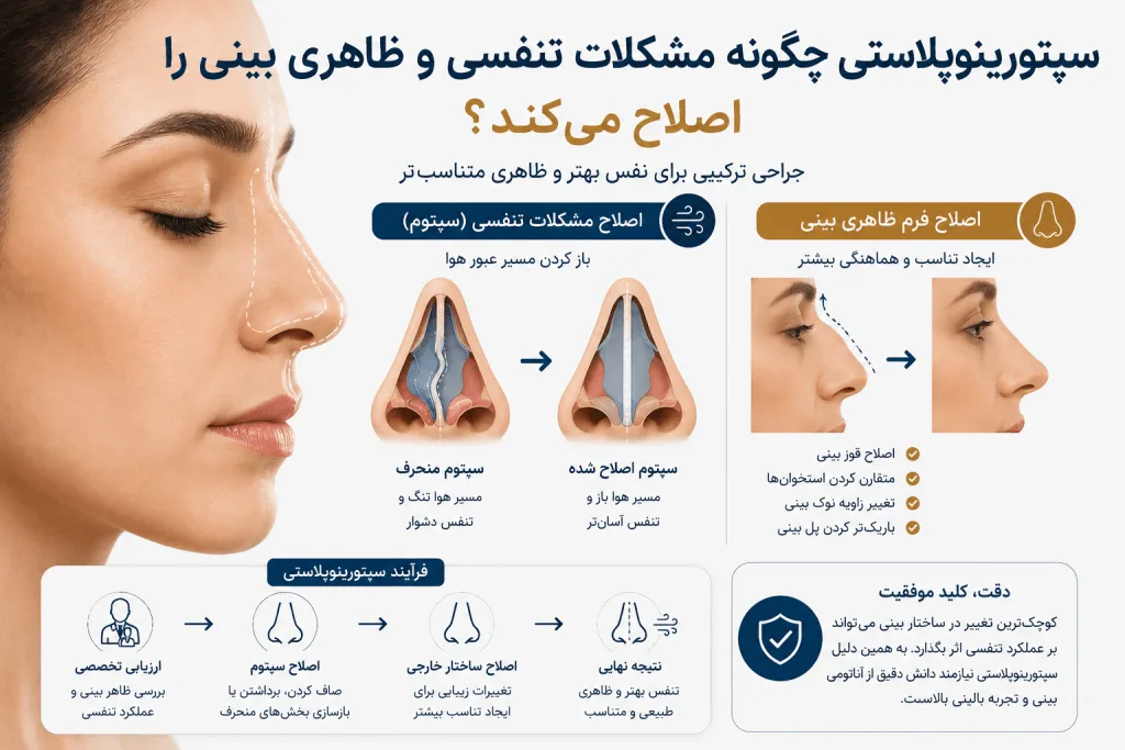 سپتورینوپلاستی چگونه مشکلات تنفسی و ظاهری بینی را اصلاح می‌کند؟