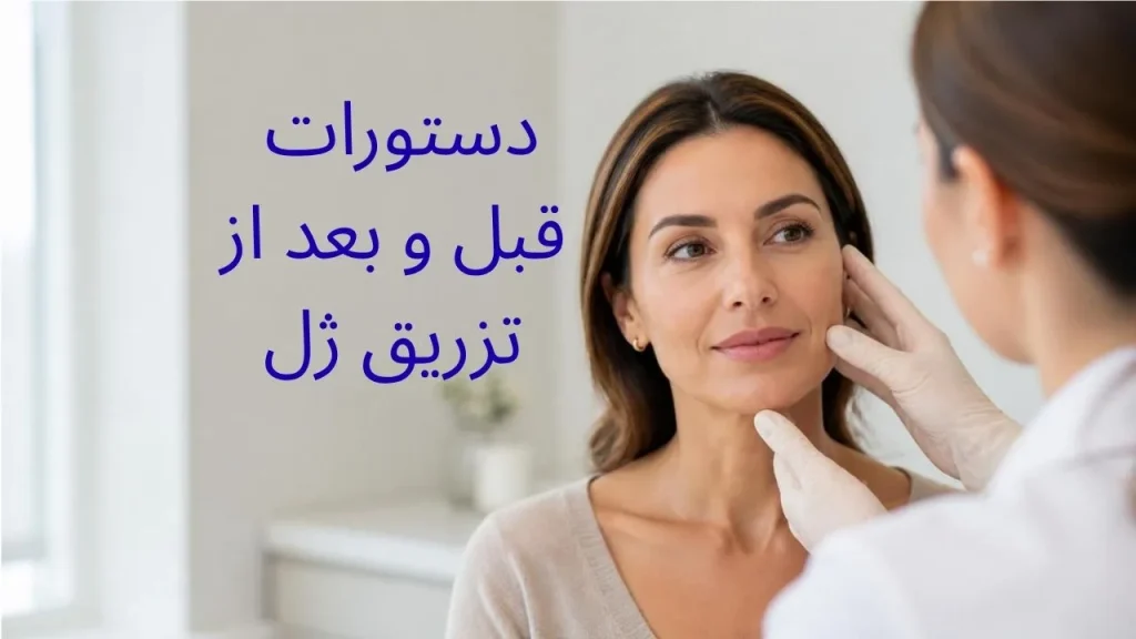 تصویر پزشک و بیمار در حال توضیح دستورات قبل و بعد از تزریق ژل صورت