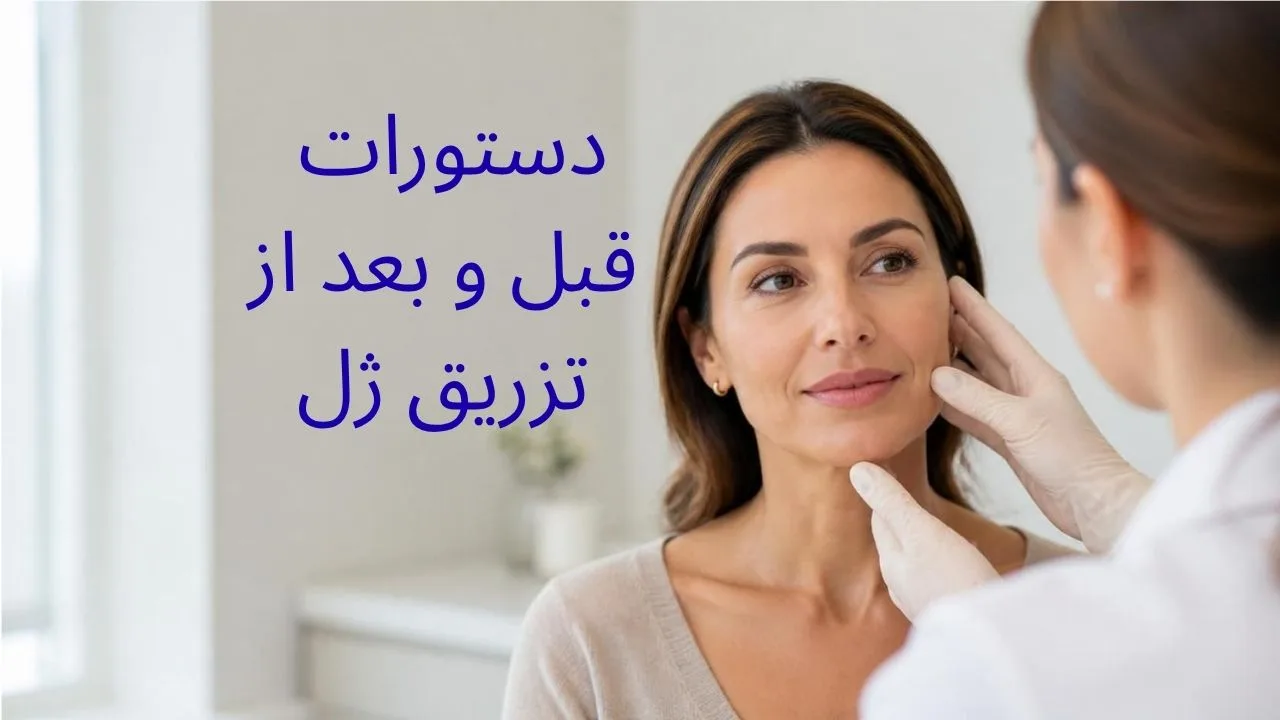 تصویر پزشک و بیمار در حال توضیح دستورات قبل و بعد از تزریق ژل صورت