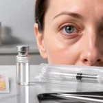 تصویر یک خانم با فرورفتگی زیر چشم و سرنگ برای تزریق فیلر زیر چشم