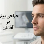 تصویر صورت یک آقا نمای سه چهارم با پس زمینه مونیتور و دستگاه ها و متن جراحی بینی در آقایان