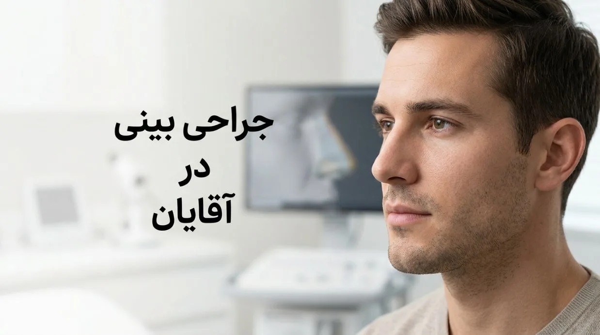 تصویر صورت یک آقا نمای سه چهارم با پس زمینه مونیتور و دستگاه ها و متن جراحی بینی در آقایان